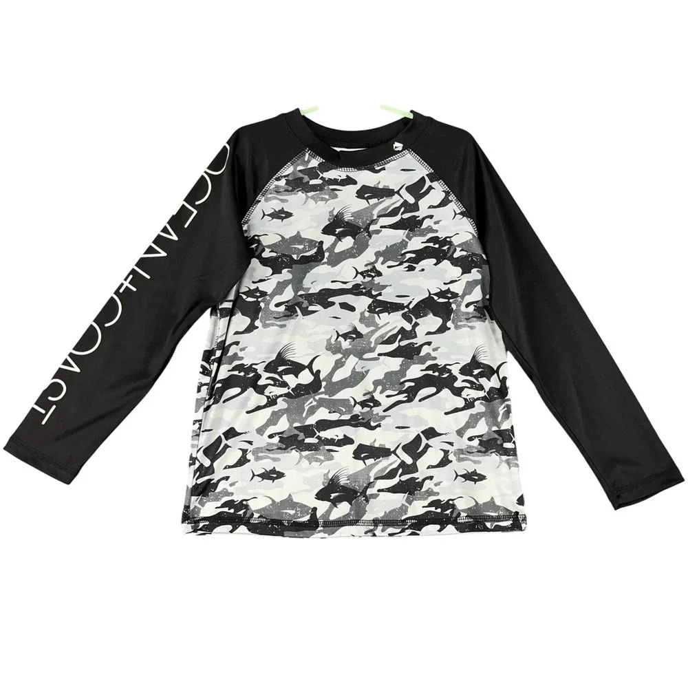 Ocean Coast Fish‎ Camo Rash Guard Swim Shirt Grey S Boys Surf Gorpcore